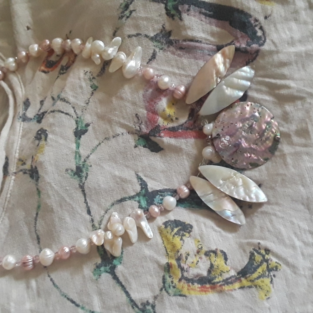 Handmade Sea Goddess statement necklace freshwater pearls, Abalone shell Artisan - Picture 3 of 10